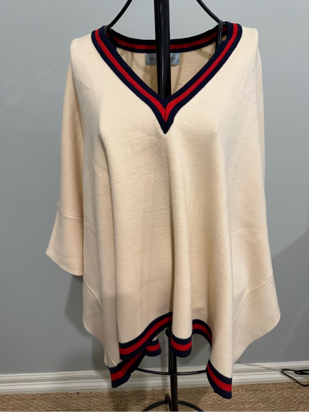 Tuckernuck Cream Knit Poncho with Red & Navy Trim